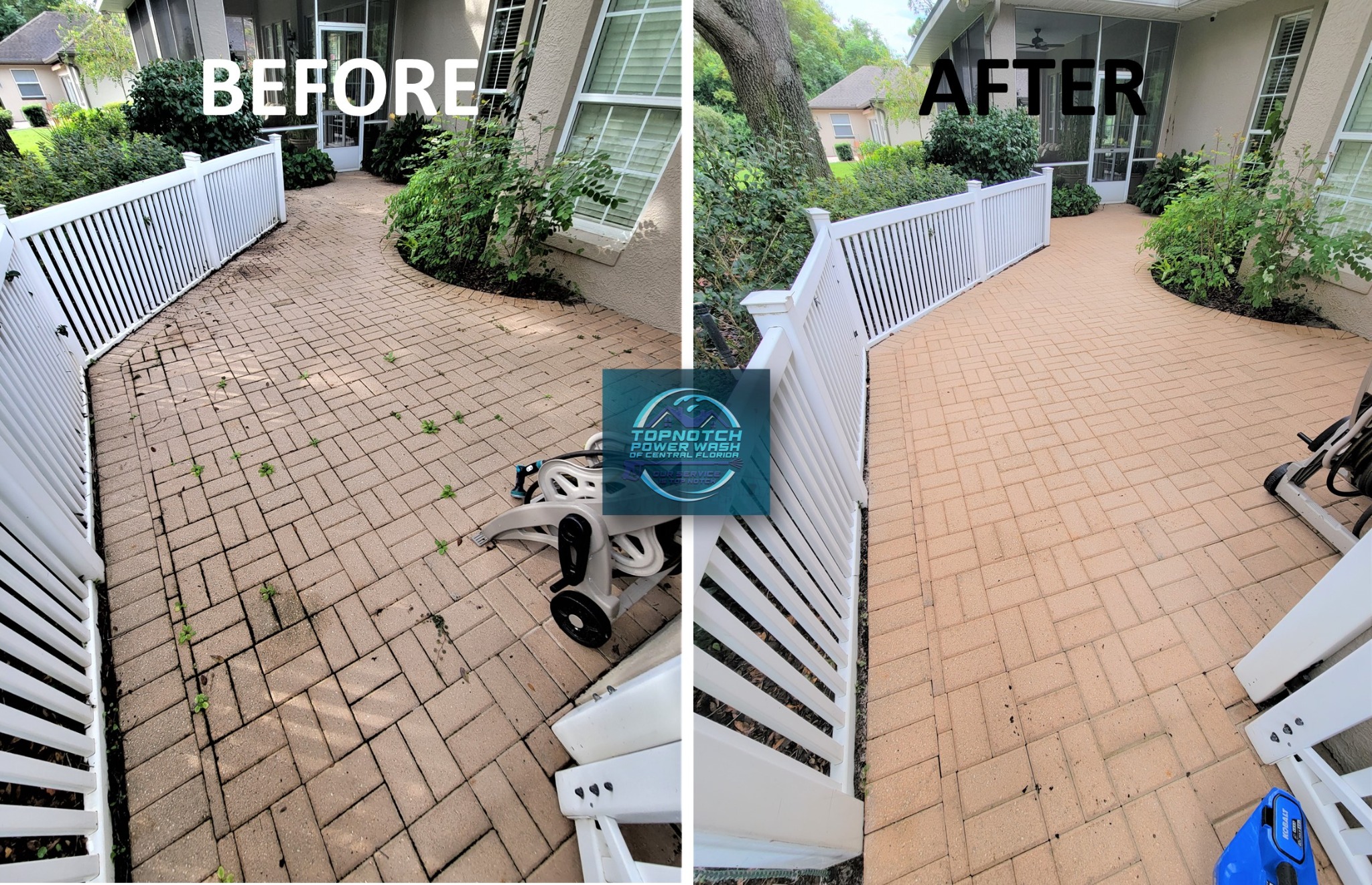 Patio cleaning before and after in DeBary by TopNotch Power Wash