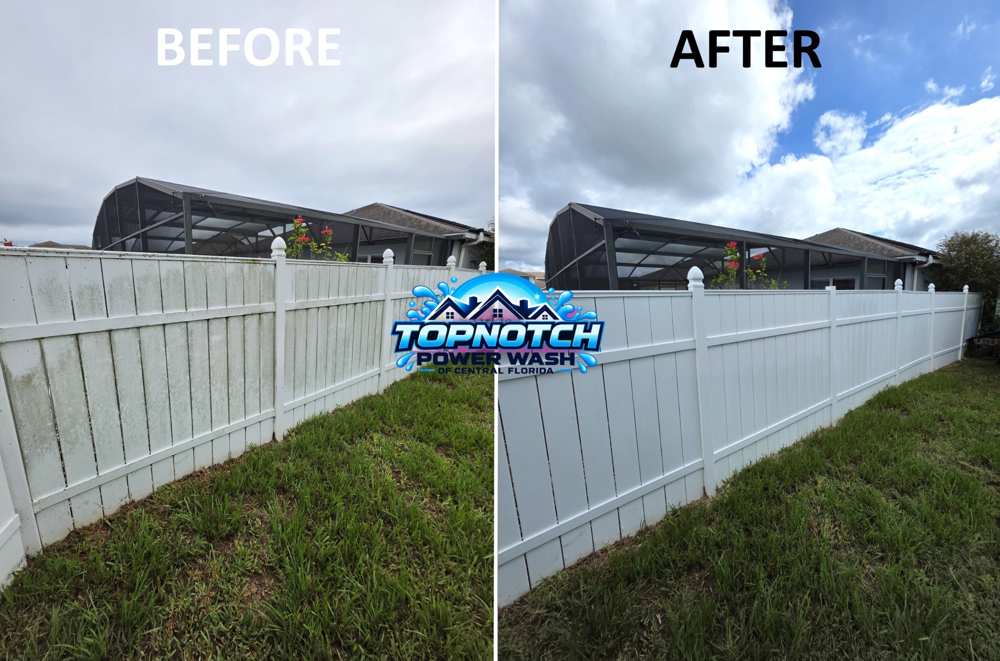 Fence washing before and after in Mount Dora by TopNotch Power Wash