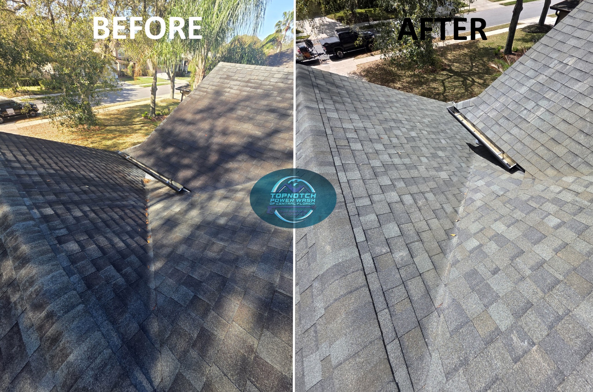 Roof washing before and after in Oviedo by TopNotch Power Wash