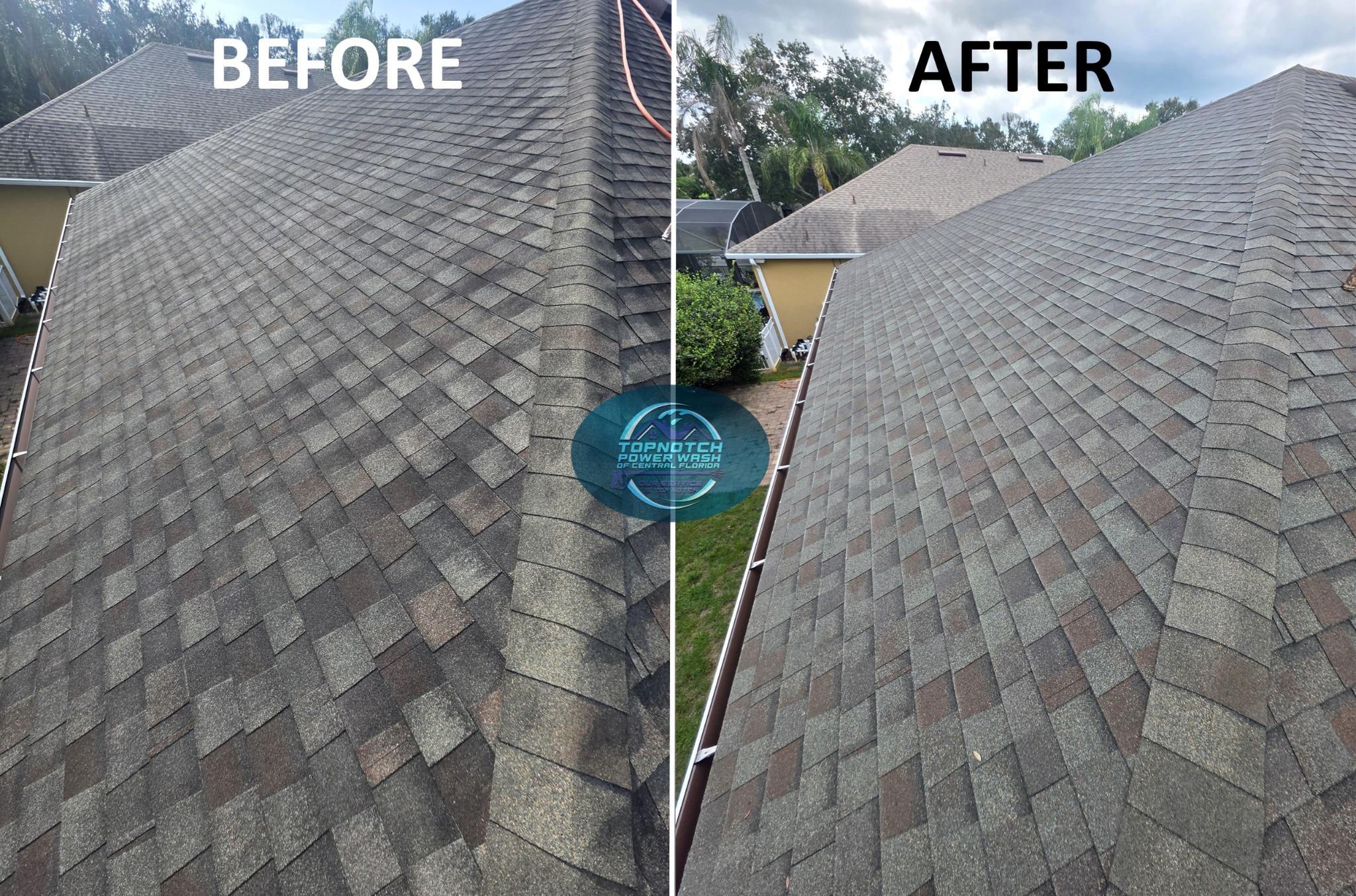 Roof washing before and after in Sanford by TopNotch Power Wash
