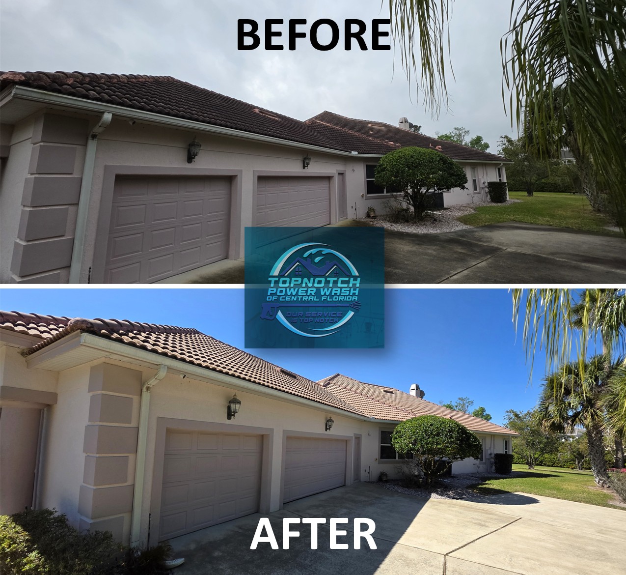 Roof washing before and after in Casselberry by TopNotch Power Wash