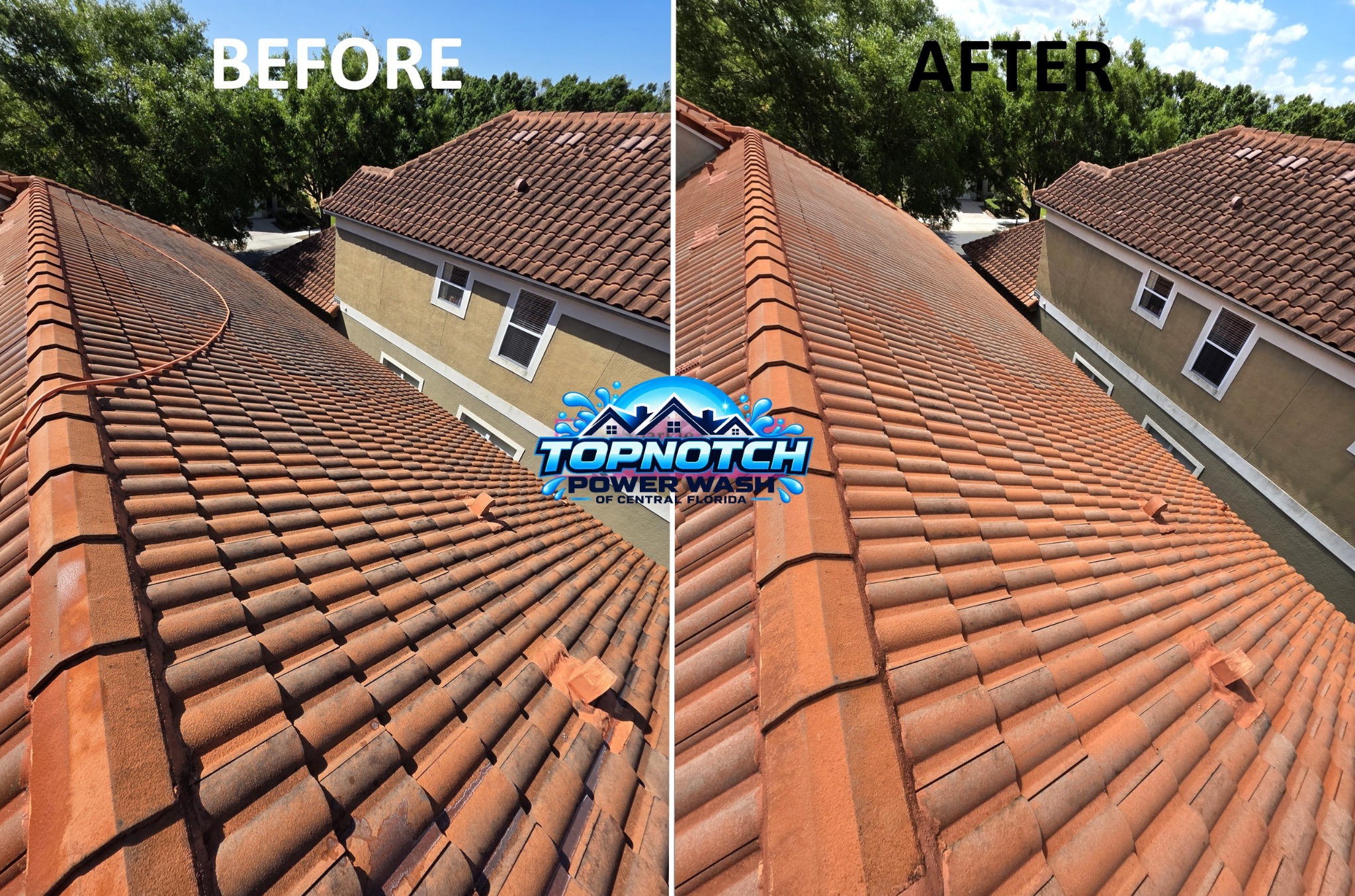 Roof washing before and after in Dr. Phillips by TopNotch Power Wash