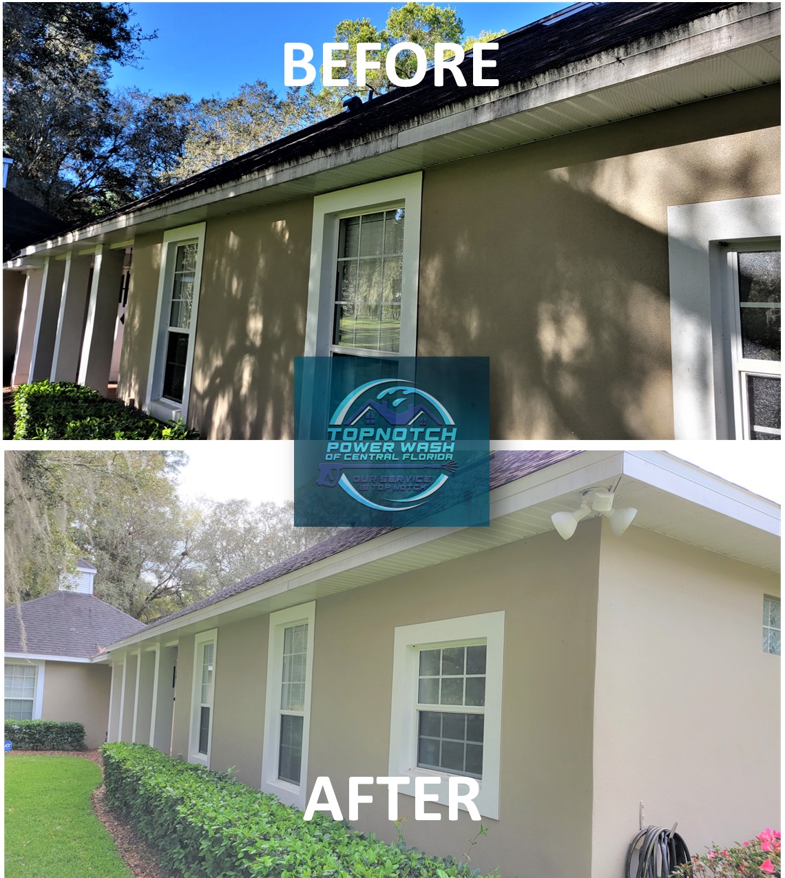 House washing before and after in DeLand by TopNotch Power Wash