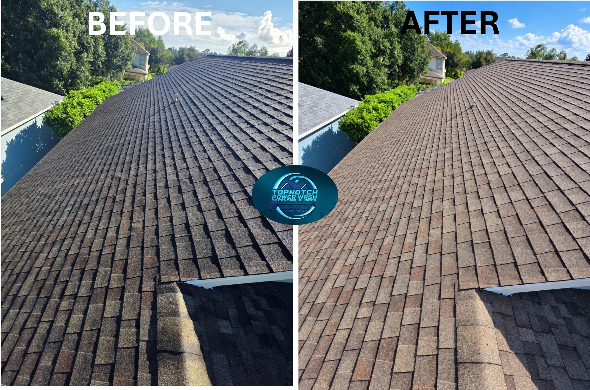 Roof washing before and after in Longwood by TopNotch Power Wash