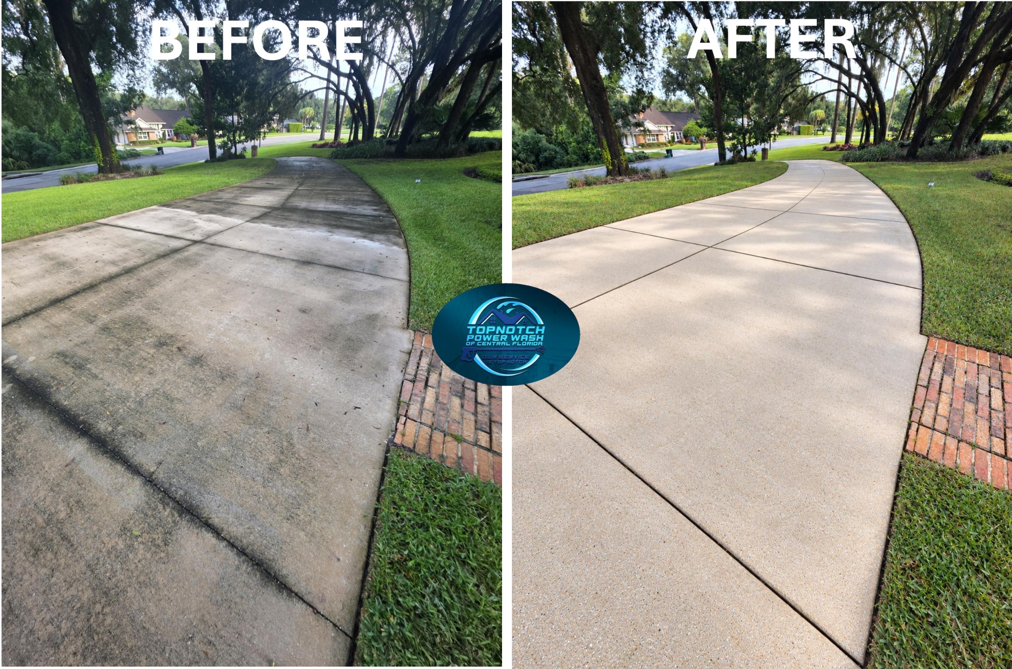 Driveway cleaning before and after in Longwood by TopNotch Power Wash