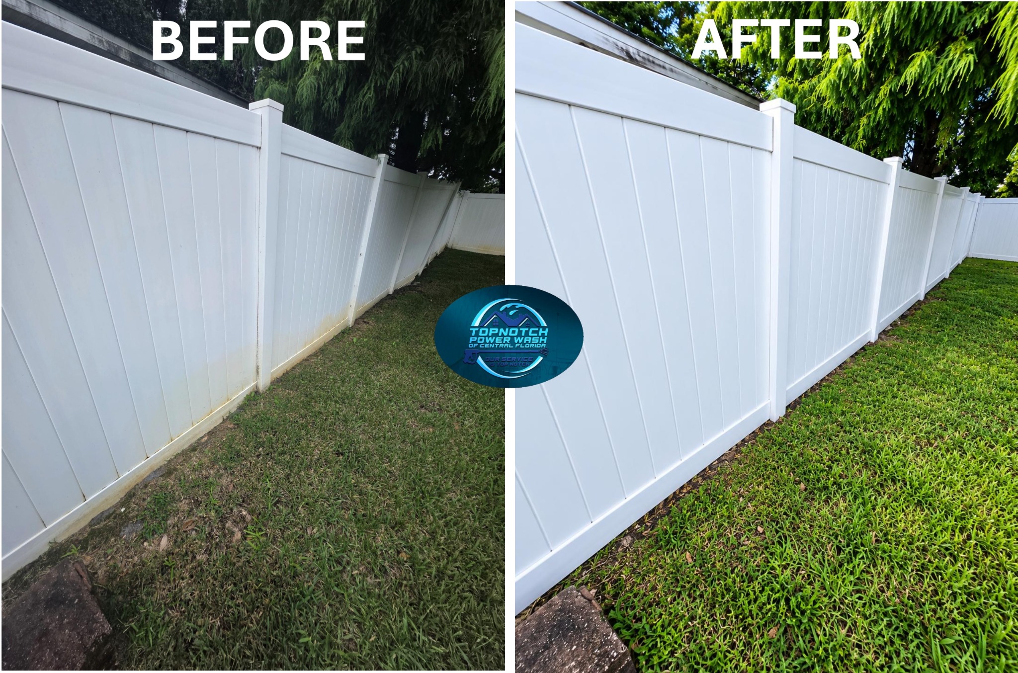 Fence washing before and after in Sanford by TopNotch Power Wash