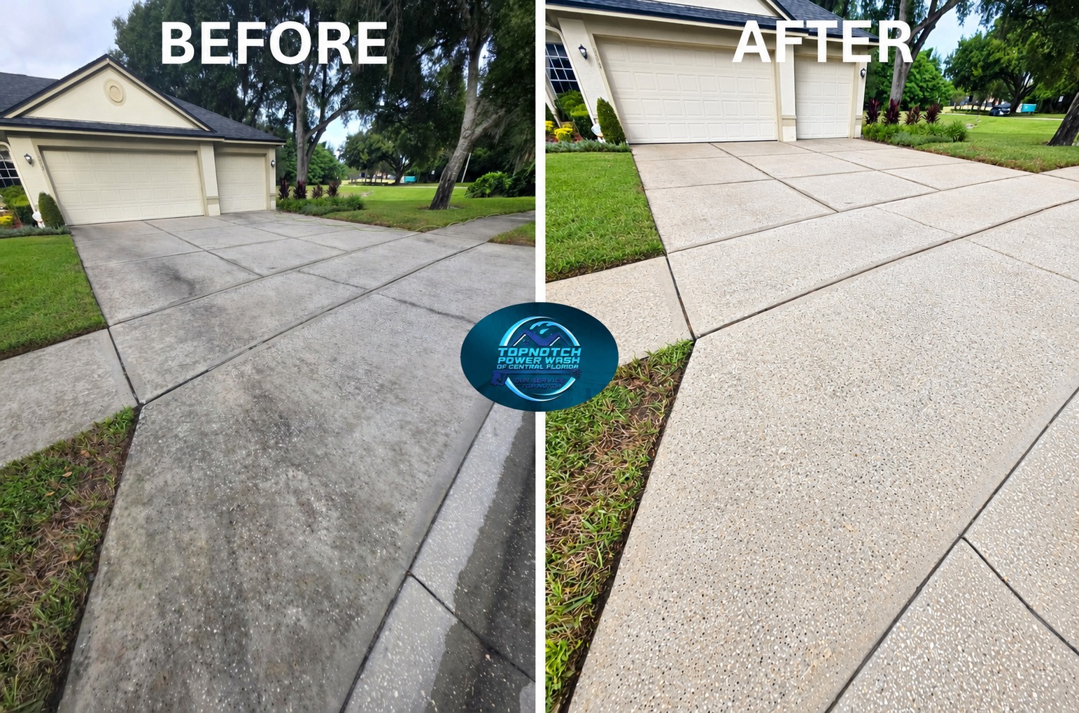 Driveway cleaning before and after in Lake Mary / Heathrow by TopNotch Power Wash