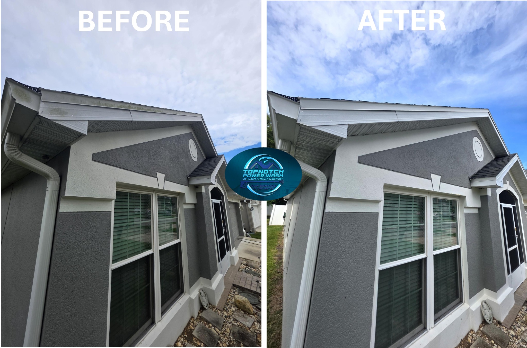 House washing before and after in Longwood by TopNotch Power Wash