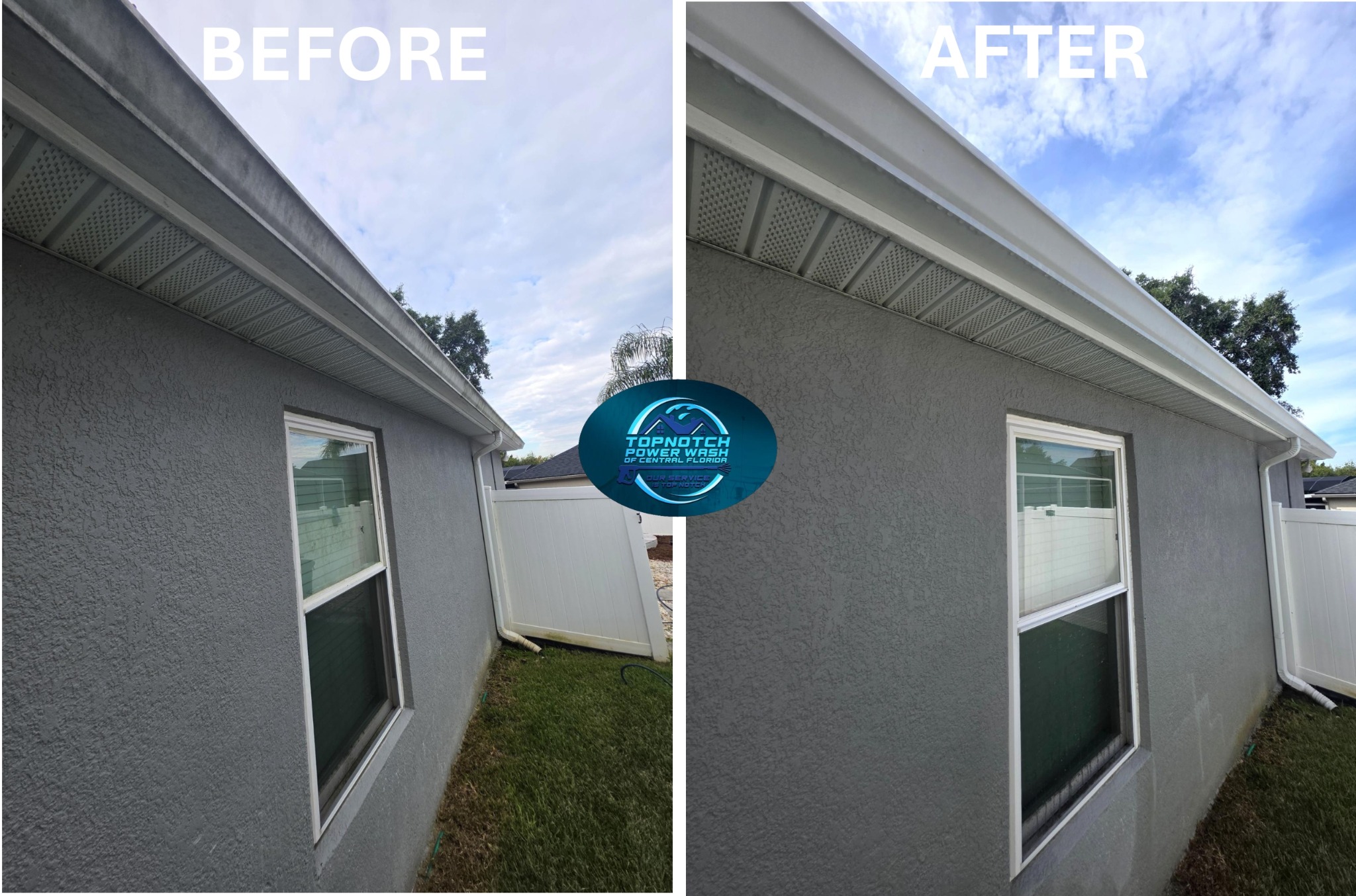 Gutter brightening before and after in Lake Mary / Heathrow by TopNotch Power Wash