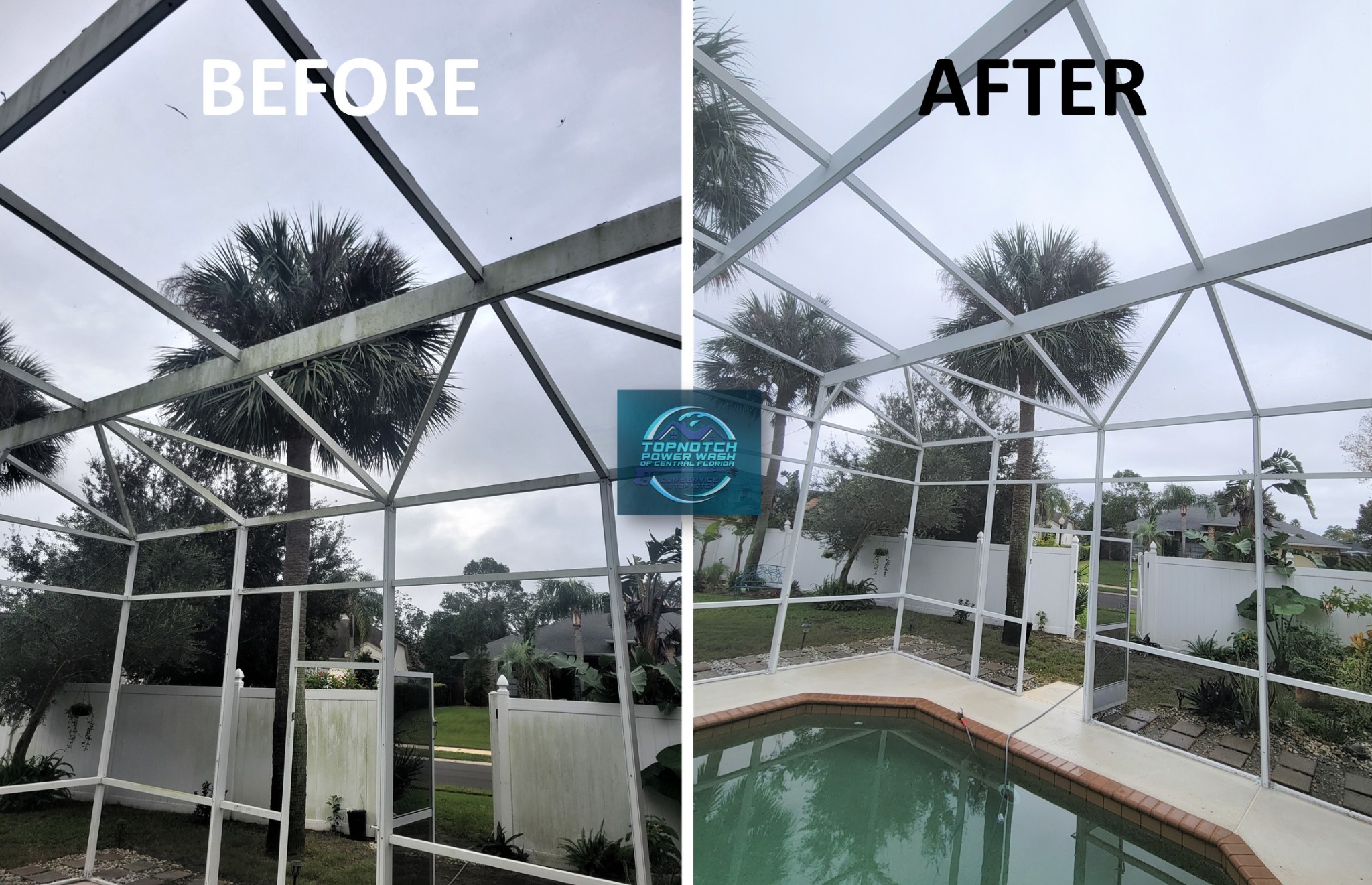 Screen cage & panel washing before and after in Casselberry by TopNotch Power Wash