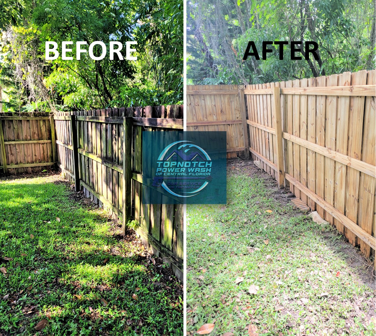 Fence washing before and after in Winter Springs by TopNotch Power Wash