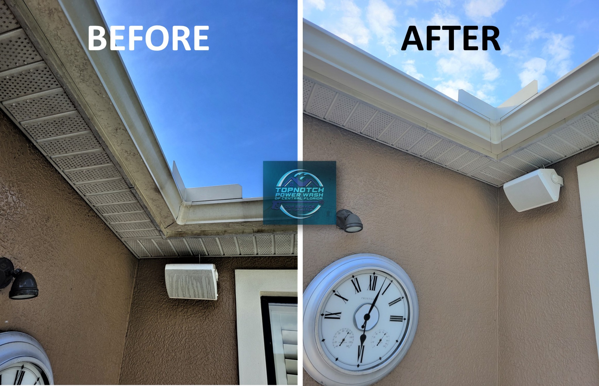 Gutter cleaning before and after in Orlando by TopNotch Power Wash