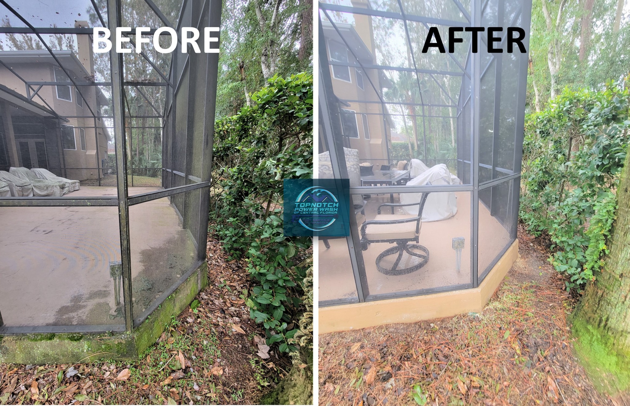 Pool cage and panel cleaning before and after in Oviedo by TopNotch Power Wash