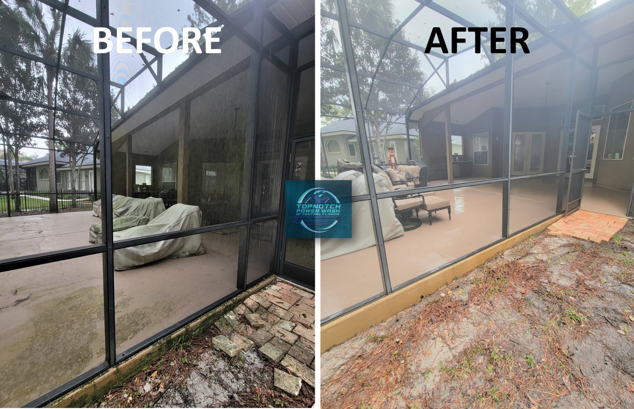 Pool cage & screen panel cleaning before and after in Orlando by TopNotch Power Wash
