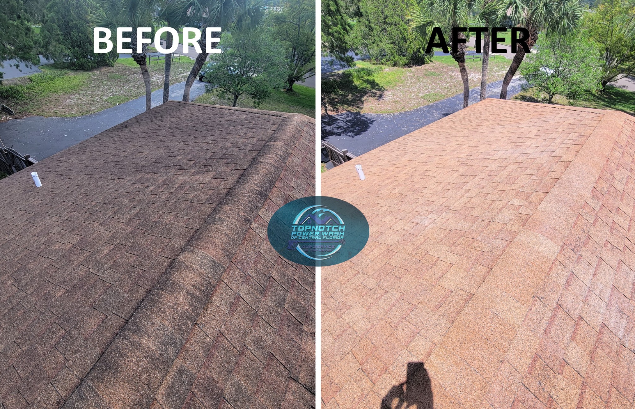 Roof cleaning before and after in Orlando by TopNotch Power Wash